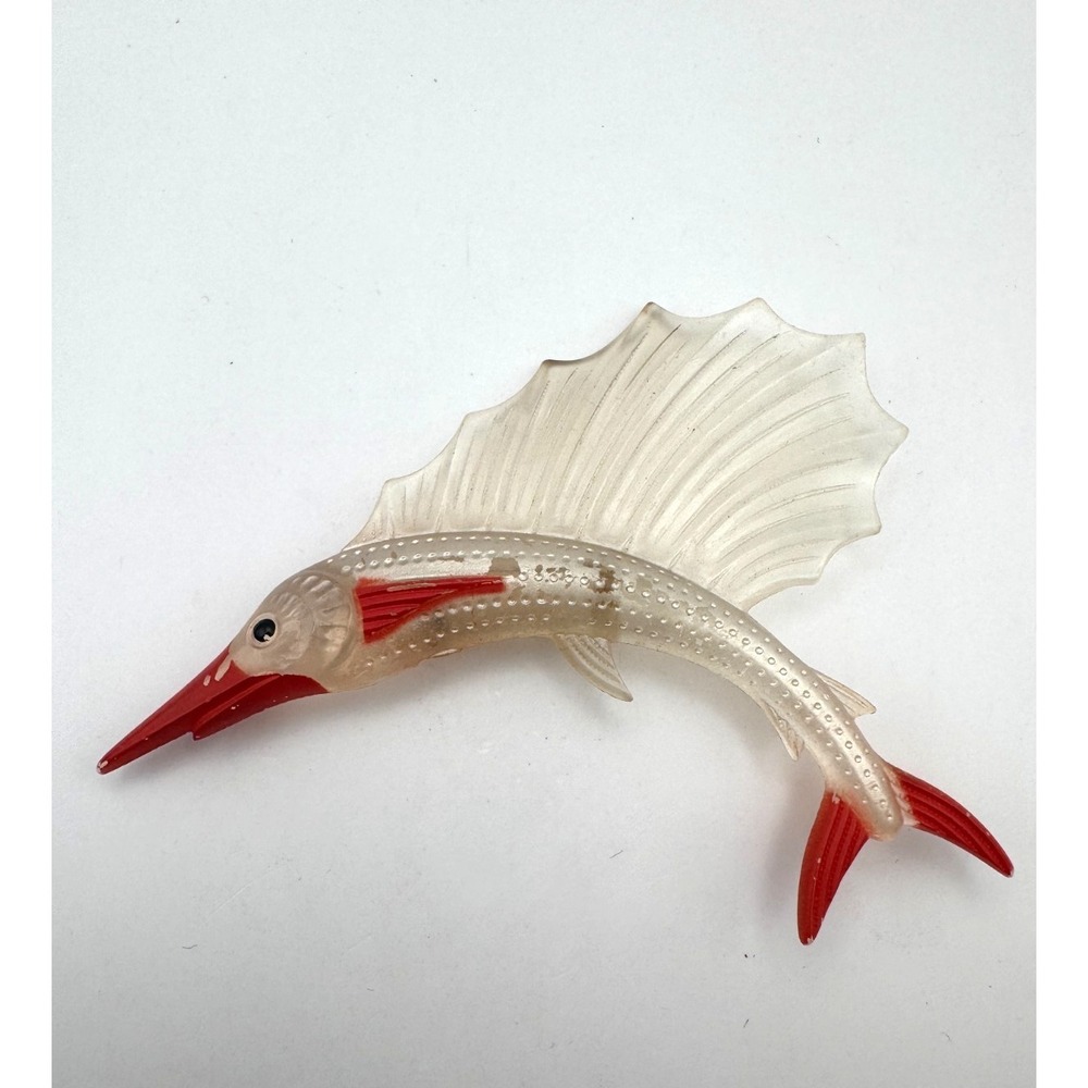 Vintage Fish Brooch Carved Lucite Sailfish Clear & Red Plastic Marlin 1950s